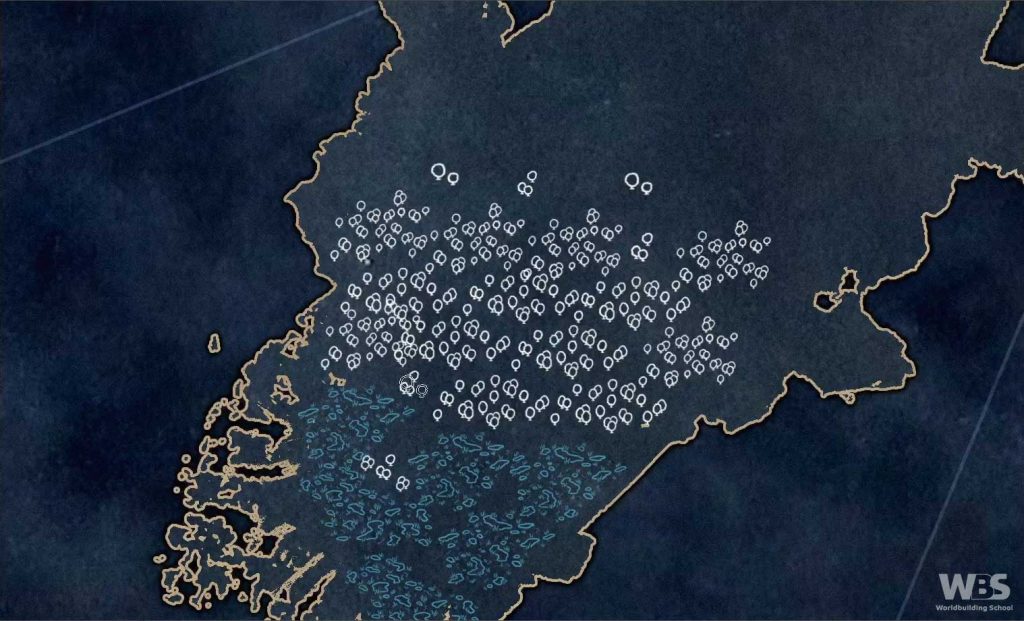 Whtie tree icons are clumped together to form a forest.