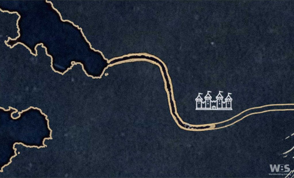 A winding river is being drawn on a map. The land is blue and the coastline is gold.