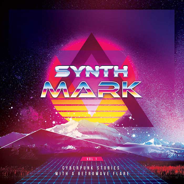 Synthmark cover logo small. Cyberpunk stories with a retrowave flare.